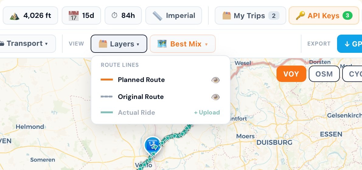 Route Lines layer panel with toggles for Planned Route, Original Route, and Actual Ride