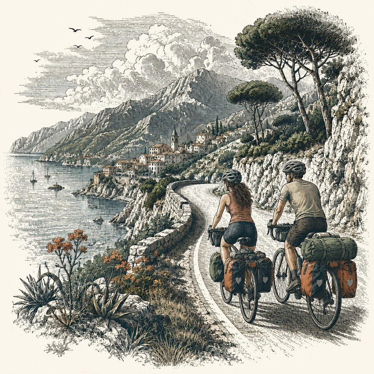 Woodcut illustration of two loaded touring cyclists riding a winding coastal road past a Mediterranean village
